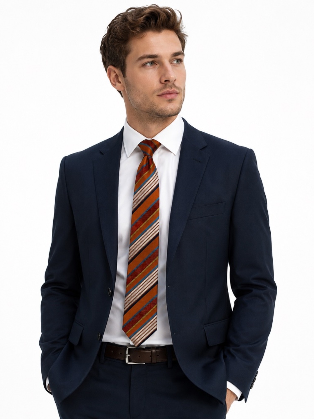 Hand Sewn Ben Sherman Striped Tie in Burnt Orange with Blue, Red & Gold Accents